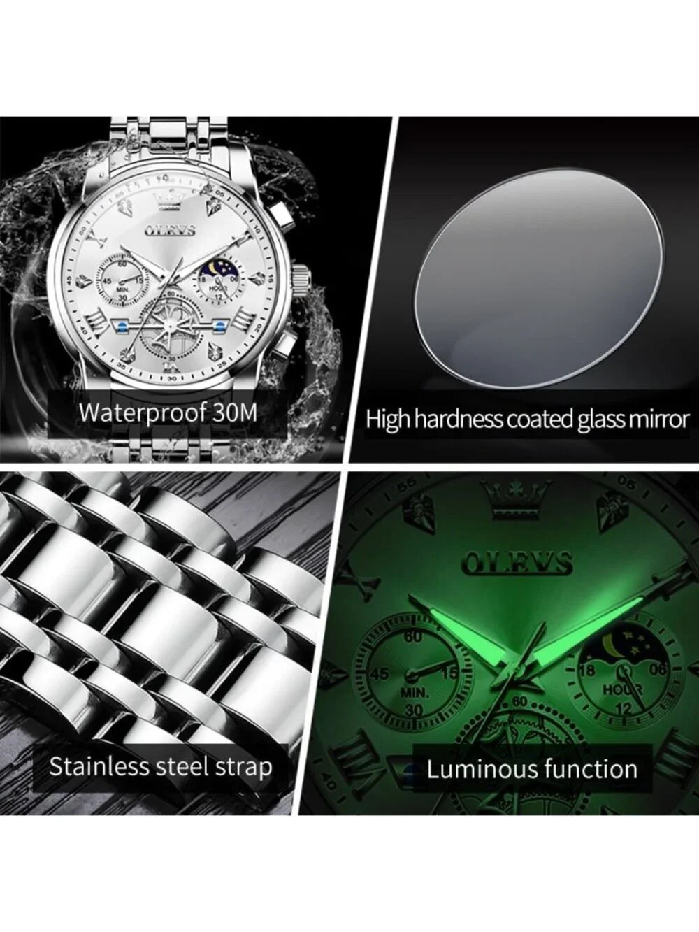 Men's All silver Stainless Steel Waterproof Big Face Multifunction  Wrist Watch